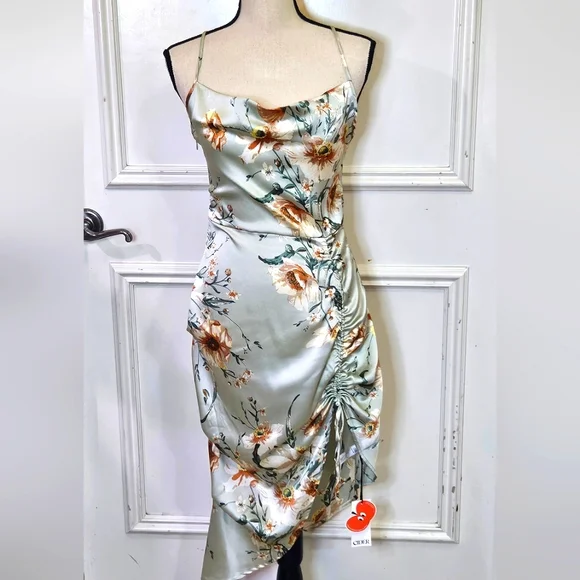Cider Green Satin Multicolor Floral  Asymmetrical Midi Slip Dress,Medium,NWT - Picture 11 of 16